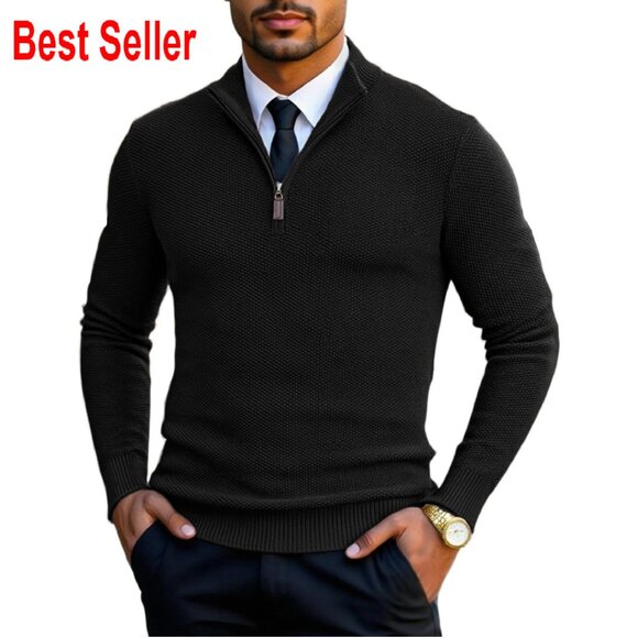 Slim Fit Quarter Zip Pullover Mock Neck Knit Sweater Classic Preppy